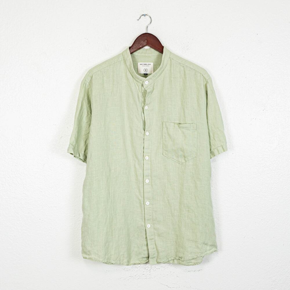 VKTRBLAK Linen Band Collar Shirt button up Green size Large